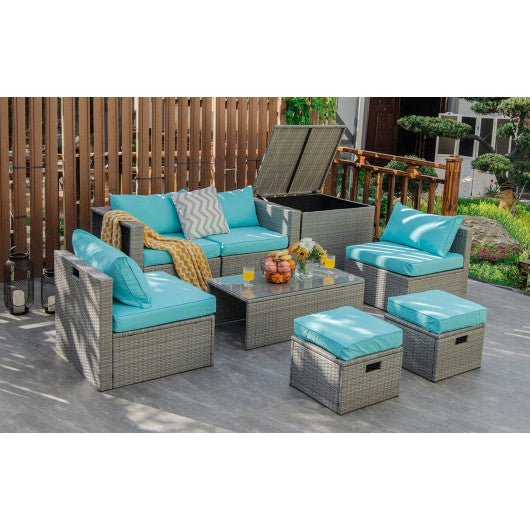  - 8 Pieces Patio Rattan Furniture Set with Storage Waterproof Cover and Cushion - Turquoise - Outdoor Style Company