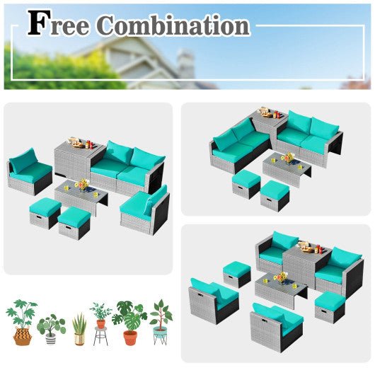  - 8 Pieces Patio Rattan Furniture Set with Storage Waterproof Cover and Cushion - Turquoise - Outdoor Style Company