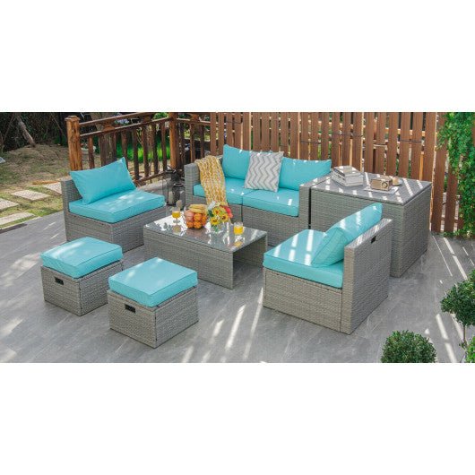  - 8 Pieces Patio Rattan Furniture Set with Storage Waterproof Cover and Cushion - Turquoise - Outdoor Style Company