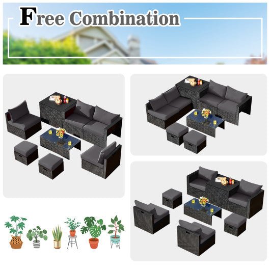  - 8 Pieces Patio Rattan Storage Table Furniture Set - Gray - Outdoor Style Company