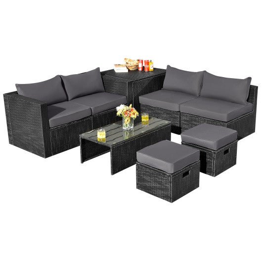  - 8 Pieces Patio Rattan Storage Table Furniture Set - Gray - Outdoor Style Company