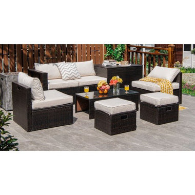  - 8 Pieces Patio Space - Saving Rattan Furniture Set with Storage Box and Waterproof Cover - White - Outdoor Style Company