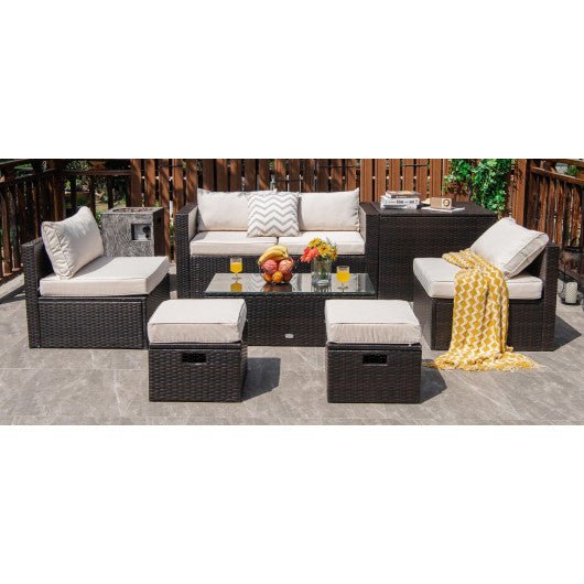  - 8 Pieces Patio Space - Saving Rattan Furniture Set with Storage Box and Waterproof Cover - White - Outdoor Style Company