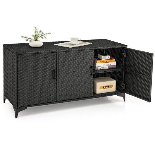  - 84 Gallon Patio Wicker Deck Box 3 - Door PE Rattan Storage Container with Removable Shelves - Outdoor Style Company