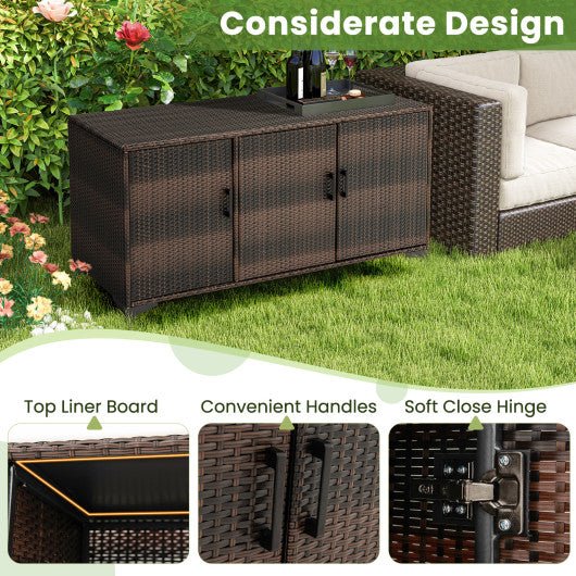  - 84 Gallon Patio Wicker Deck Box 3 - Door PE Rattan Storage Container with Removable Shelves - Outdoor Style Company