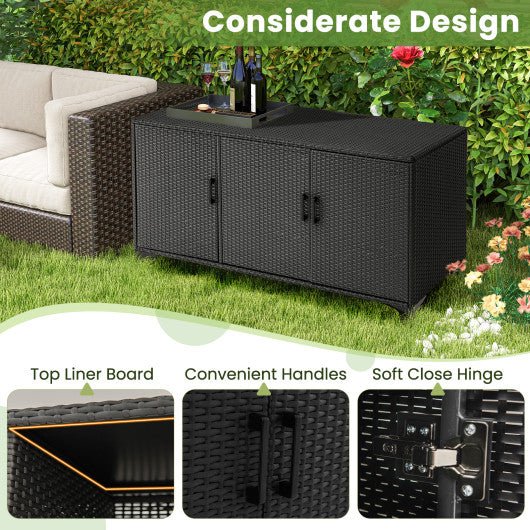  - 84 Gallon Patio Wicker Deck Box 3 - Door PE Rattan Storage Container with Removable Shelves - Outdoor Style Company