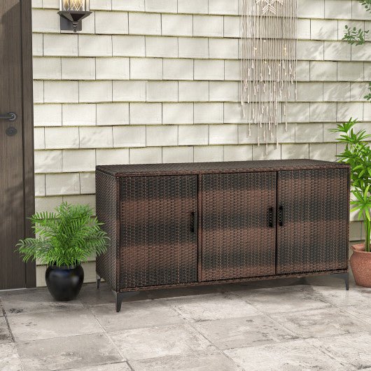  - 84 Gallon Patio Wicker Deck Box 3 - Door PE Rattan Storage Container with Removable Shelves - Outdoor Style Company