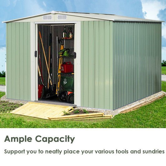  - 8x8 Feet Outdoor Garden Galvanized Steel Storage Shed with Sliding Door - Light Green - Outdoor Style Company