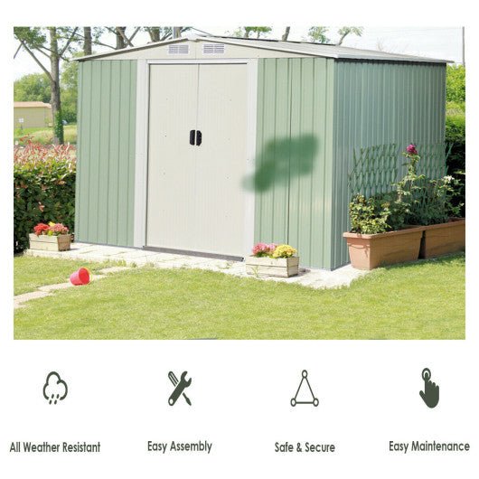  - 8x8 Feet Outdoor Garden Galvanized Steel Storage Shed with Sliding Door - Light Green - Outdoor Style Company