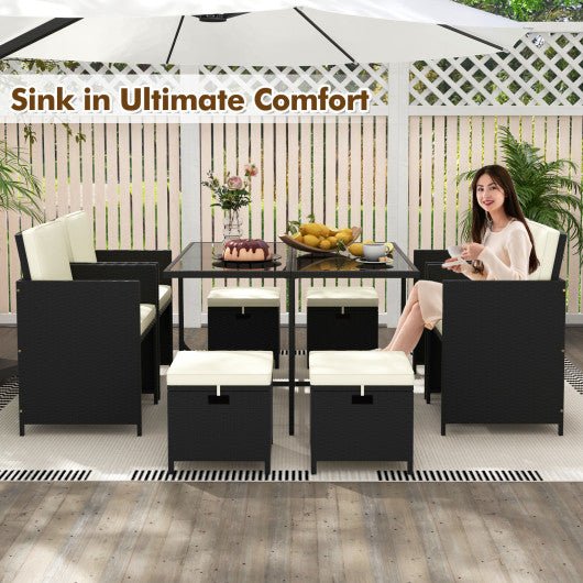  - 9 PCS Outdoor Dining Furniture Set with Tempered Glass Table and Ottomans - Outdoor Style Company