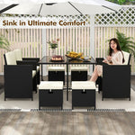  - 9 PCS Outdoor Dining Furniture Set with Tempered Glass Table and Ottomans - Outdoor Style Company