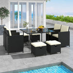  - 9 PCS Outdoor Dining Furniture Set with Tempered Glass Table and Ottomans - Outdoor Style Company