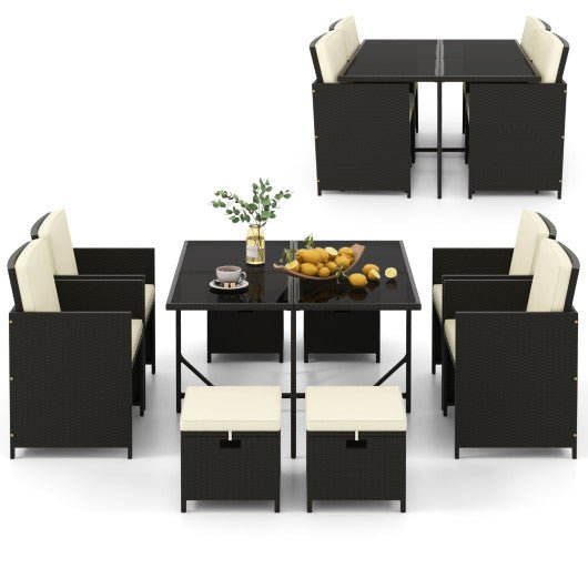  - 9 PCS Outdoor Dining Furniture Set with Tempered Glass Table and Ottomans - Outdoor Style Company