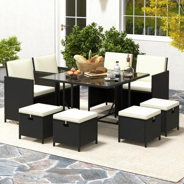  - 9 PCS Outdoor Dining Furniture Set with Tempered Glass Table and Ottomans - Outdoor Style Company