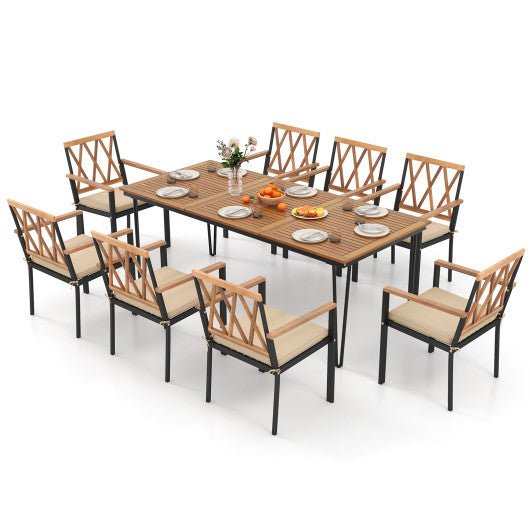  - 9 - Piece Patio Dining Set 35.5 Inch Acacia Wood Table with Umbrella Hole and 22.5 - Inch Wide Chairs - Outdoor Style Company