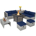  - 9 Pieces Outdoor Patio Furniture Set with 32 - Inch Propane Fire Pit Table - Navy - Outdoor Style Company