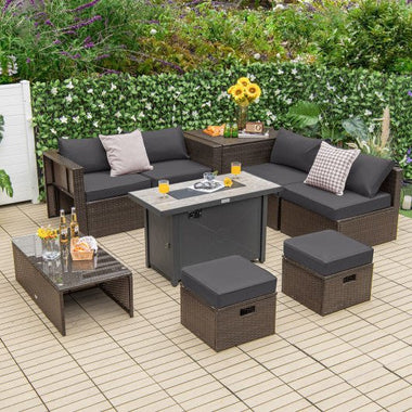  - 9 Pieces Outdoor Patio Furniture Set with 42 Inch Propane Fire Pit Table - Gray - Outdoor Style Company