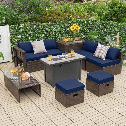  - 9 Pieces Outdoor Patio Furniture Set with 42 Inch Propane Fire Pit Table - Navy - Outdoor Style Company