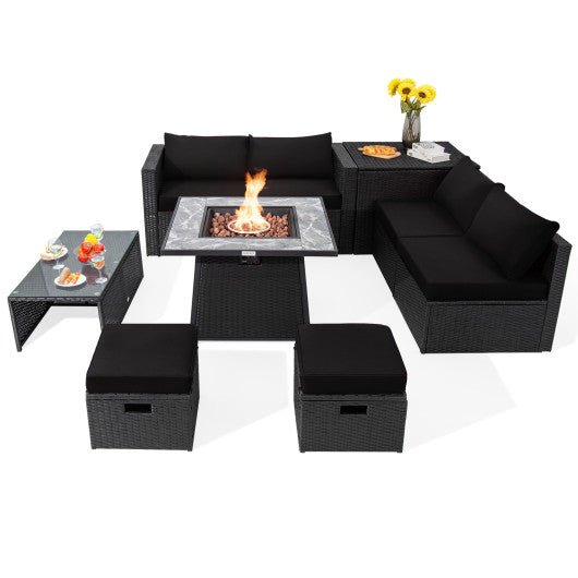  - 9 Pieces Outdoor Wicker Sectional with 35 Inch Gas Fire Pit Table - Black - Outdoor Style Company