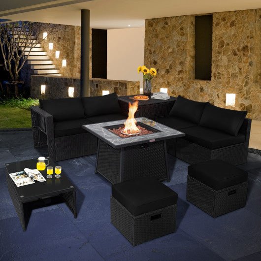  - 9 Pieces Outdoor Wicker Sectional with 35 Inch Gas Fire Pit Table - Black - Outdoor Style Company