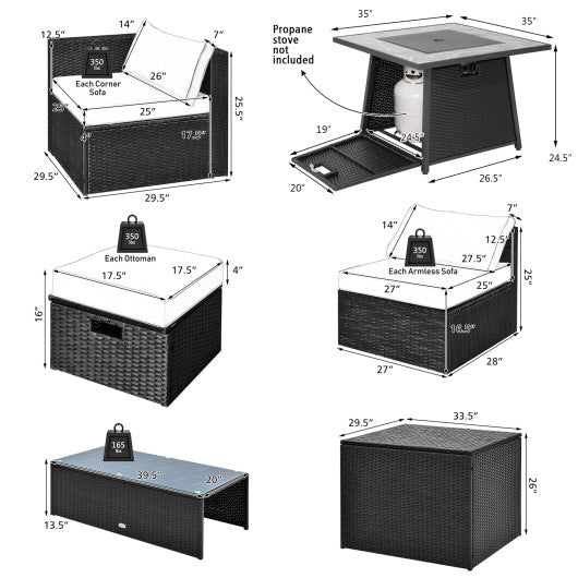  - 9 Pieces Outdoor Wicker Sectional with 35 Inch Gas Fire Pit Table - Turquoise - Outdoor Style Company