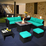  - 9 Pieces Outdoor Wicker Sectional with 35 Inch Gas Fire Pit Table - Turquoise - Outdoor Style Company