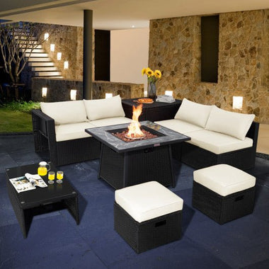  - 9 Pieces Outdoor Wicker Sectional with 35 Inch Gas Fire Pit Table - White - Outdoor Style Company