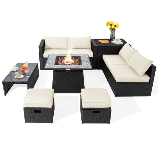  - 9 Pieces Outdoor Wicker Sectional with 35 Inch Gas Fire Pit Table - White - Outdoor Style Company