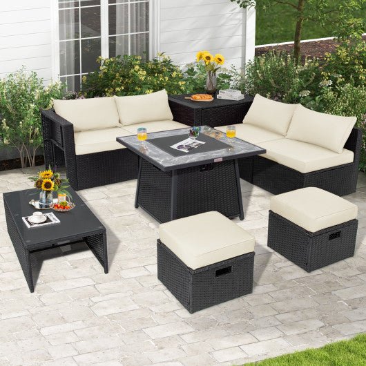  - 9 Pieces Outdoor Wicker Sectional with 35 Inch Gas Fire Pit Table - White - Outdoor Style Company