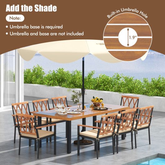  - 9 Pieces Patio Dining Set 39.5 Inch Acacia Wood Table with Umbrella Hole and 22.5 - Inch Wide Chairs - Outdoor Style Company