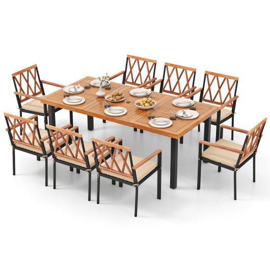  - 9 Pieces Patio Dining Set 39.5 Inch Acacia Wood Table with Umbrella Hole and 22.5 - Inch Wide Chairs - Outdoor Style Company