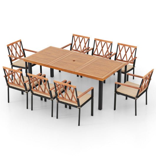  - 9 Pieces Patio Dining Set 39.5 Inch Acacia Wood Table with Umbrella Hole and 22.5 - Inch Wide Chairs - Outdoor Style Company