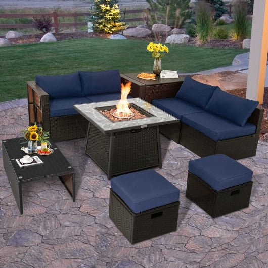  - 9 Pieces Patio PE Wicker Sectional Set with 50000 BTU Fire Pit Table - Outdoor Style Company