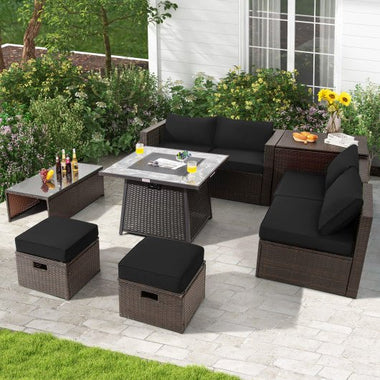  - 9 Pieces Patio PE Wicker Sectional Set with 50000 BTU Fire Pit Table - Outdoor Style Company