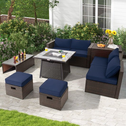  - 9 Pieces Patio PE Wicker Sectional Set with 50000 BTU Fire Pit Table - Outdoor Style Company