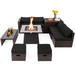  - 9 Pieces Patio PE Wicker Sectional Set with 50000 BTU Fire Pit Table - Outdoor Style Company