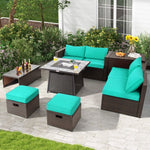  - 9 Pieces Patio PE Wicker Sectional Set with 50000 BTU Fire Pit Table - Outdoor Style Company