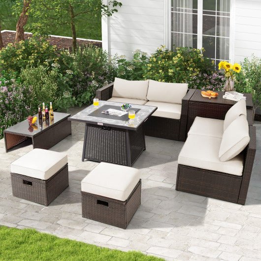  - 9 Pieces Patio PE Wicker Sectional Set with 50000 BTU Fire Pit Table - Outdoor Style Company