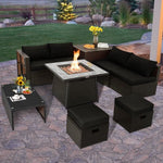  - 9 Pieces Patio PE Wicker Sectional Set with 50000 BTU Fire Pit Table - Outdoor Style Company