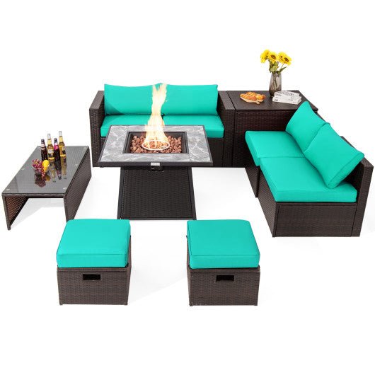  - 9 Pieces Patio PE Wicker Sectional Set with 50000 BTU Fire Pit Table - Outdoor Style Company