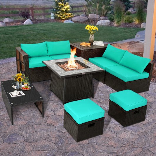  - 9 Pieces Patio PE Wicker Sectional Set with 50000 BTU Fire Pit Table - Outdoor Style Company