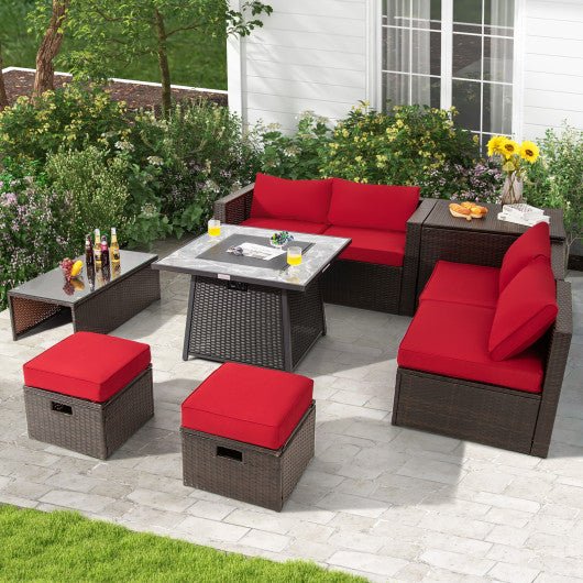  - 9 Pieces Patio PE Wicker Sectional Set with 50000 BTU Fire Pit Table - Red - Outdoor Style Company