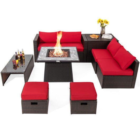  - 9 Pieces Patio PE Wicker Sectional Set with 50000 BTU Fire Pit Table - Red - Outdoor Style Company