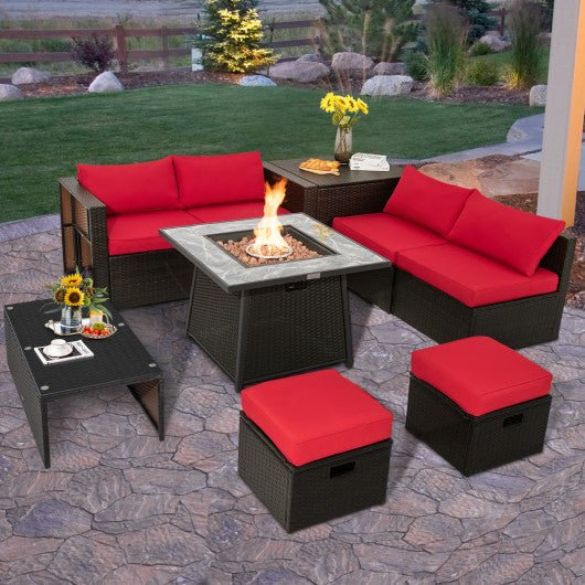  - 9 Pieces Patio PE Wicker Sectional Set with 50000 BTU Fire Pit Table - Red - Outdoor Style Company