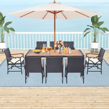  - 9 Pieces Patio Rattan Dining Set with Acacia Wood Table for Backyard Garden - L - shaped Handrail - Outdoor Style Company