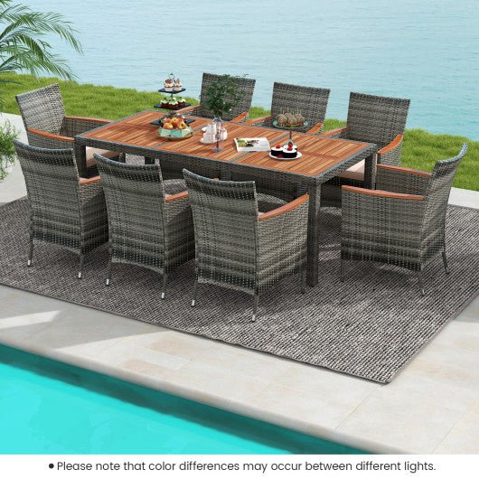  - 9 Pieces Rattan Patio Dining Set with Acacia Wood Table and Cushioned Chair - Outdoor Style Company