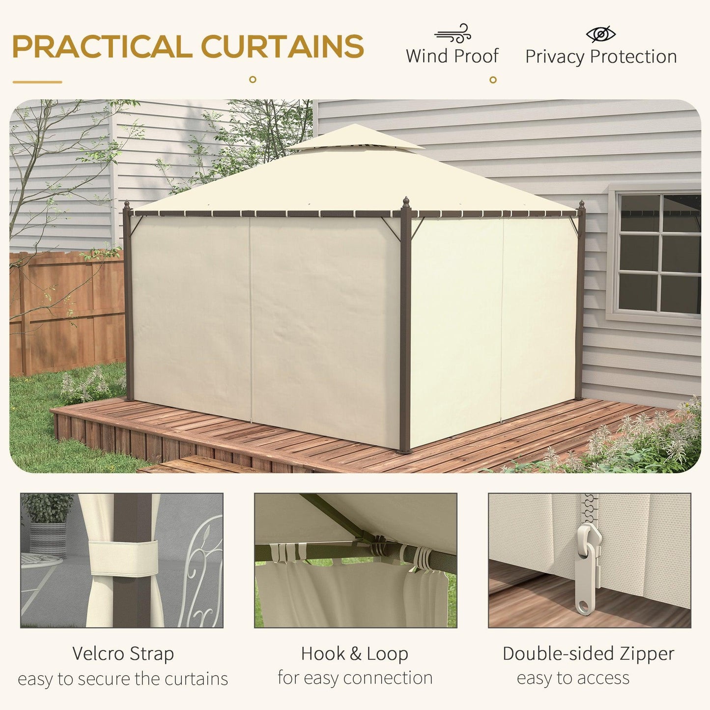 Outsunny 10' x 12' Outdoor Patio Gazebo with Curtains, Two-Tier Roof, Beige