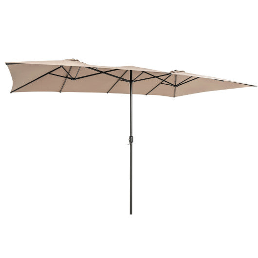 15 Feet Double-Sized Patio Umbrella with Crank Handle and Vented Tops-Brown