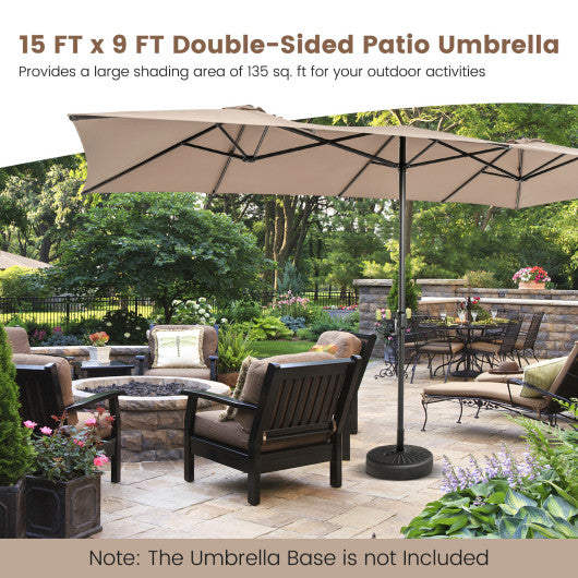 15 Feet Double-Sized Patio Umbrella with Crank Handle and Vented Tops-Brown