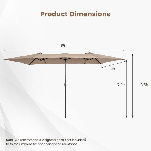 15 Feet Double-Sized Patio Umbrella with Crank Handle and Vented Tops-Brown